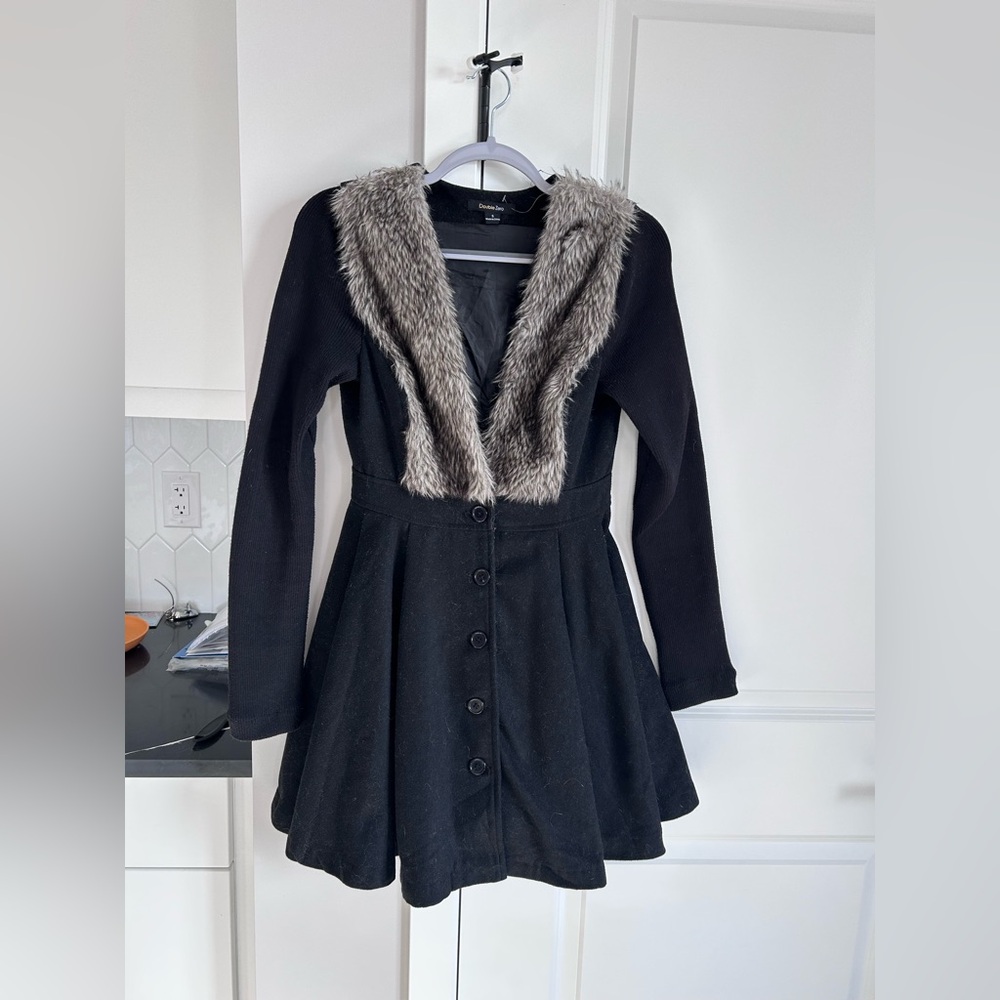 Double Zero Black Wool Blend Faux Fur Trim Coat Y2K Glam Vintage Style Layering
